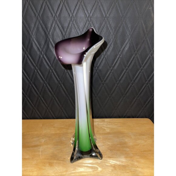 Mid Century Modern Art Glass Swung Vase Green White Purple Ombre Design - Picture 3 of 16
